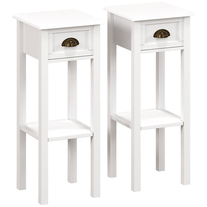 Set of 2 Side Tables | Drawer & Open Shelf | Slim 30x30x75cm | Anti-Tip | Elevated Base | MDF | White