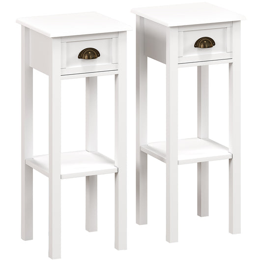 Set of 2 Side Tables | Drawer & Open Shelf | Slim 30x30x75cm | Anti-Tip | Elevated Base | MDF | White