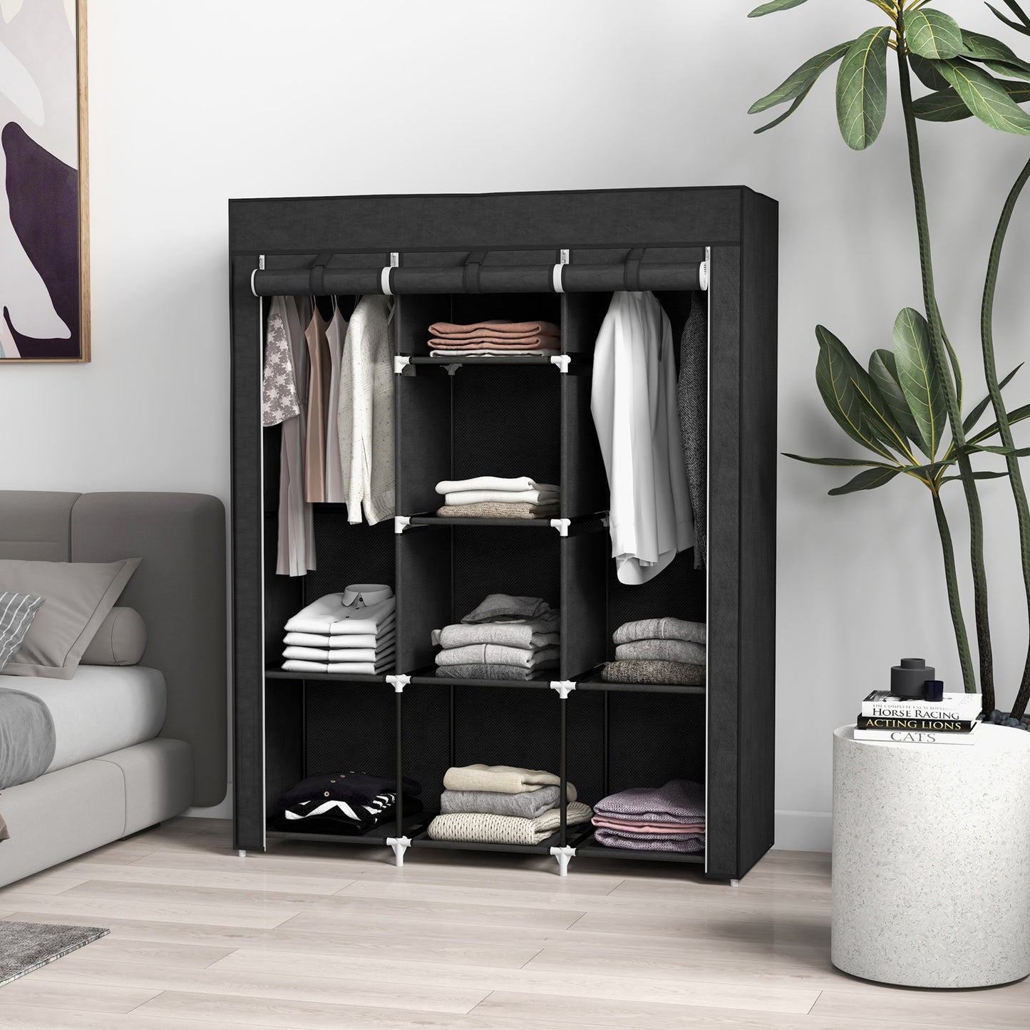 Fabric Wardrobe, Portable Wardrobe, Clothes Storage Unit with 8 Shelves, 2 Hanging Rods, 125 x 43 x 162.5 cm, Black