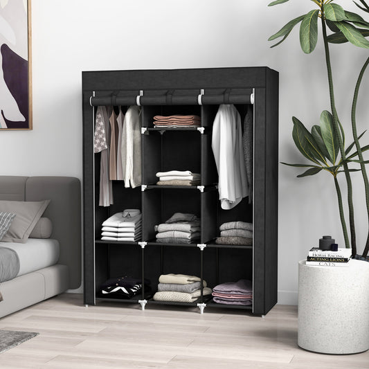 Fabric Wardrobe, Portable Wardrobe, Clothes Storage Unit with 8 Shelves, 2 Hanging Rods, 125 x 43 x 162.5 cm, Black