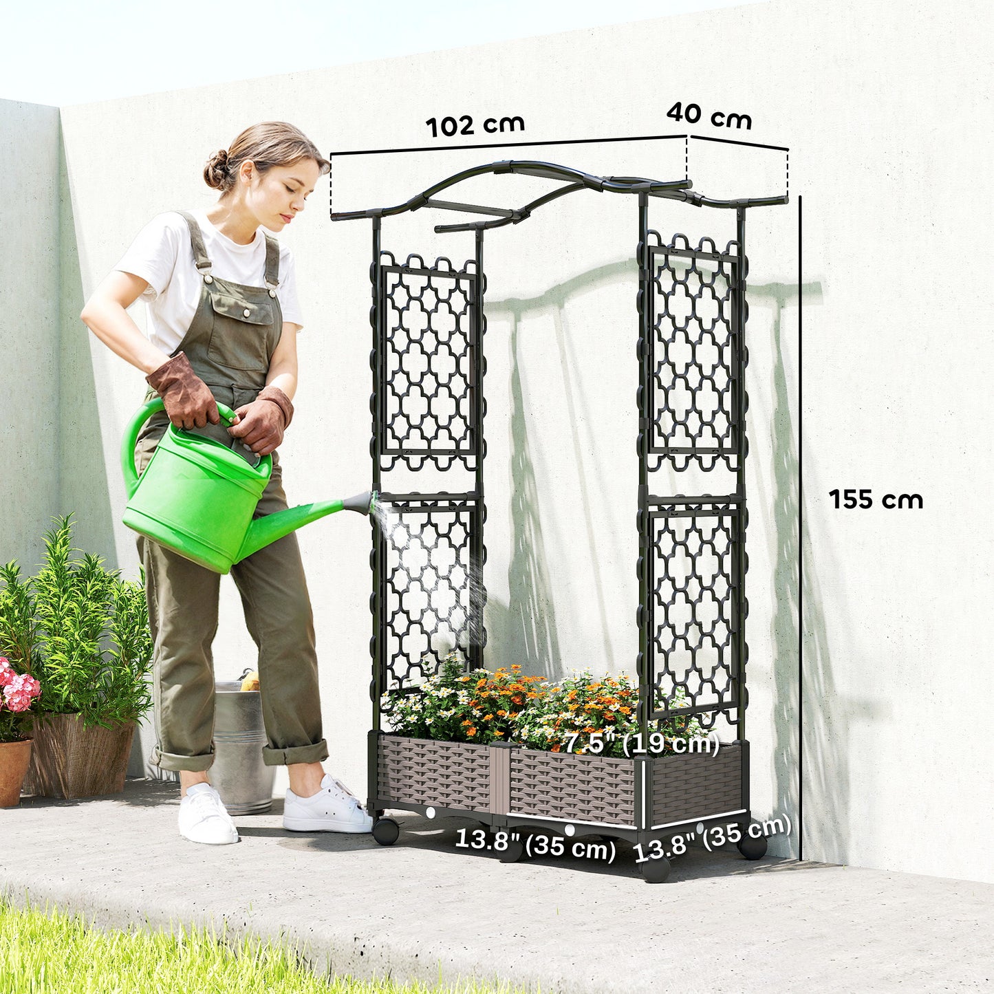 Raised Garden Bed on Wheels with Arch & Side Trellis | 2 Planter Boxes 48L Total | PE-Coated Steel | 8 Drainage Holes | 6 Wheels | 10kg per Box | 102x40x155cm | Black