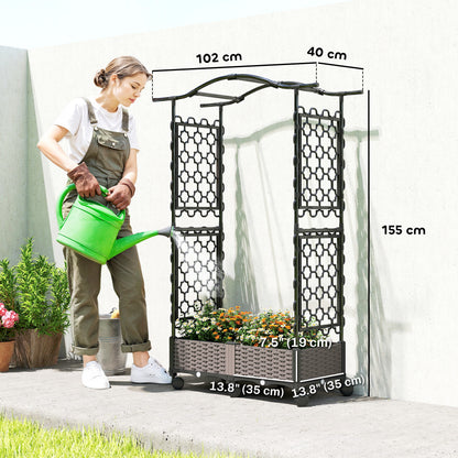 Raised Garden Bed on Wheels with Arch & Side Trellis | 2 Planter Boxes 48L Total | PE-Coated Steel | 8 Drainage Holes | 6 Wheels | 10kg per Box | 102x40x155cm | Black