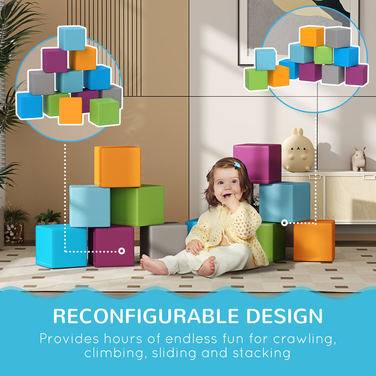 12 Piece Soft Foam Play Blocks | Building & Stacking Toy | PU Cover | Ages 12–36 Months | Wipe Clean | Multi-colour
