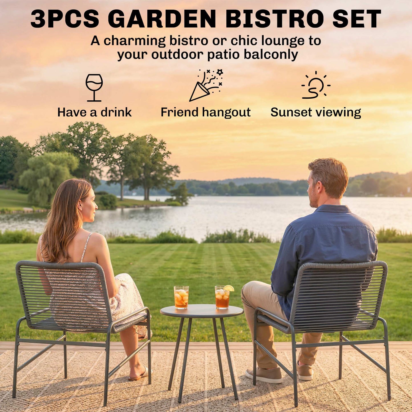 3-Piece Rattan Bistro Set | 2 Chairs & Round Table | Adjustable Feet | 120kg | Galvanised Steel | Dark Grey