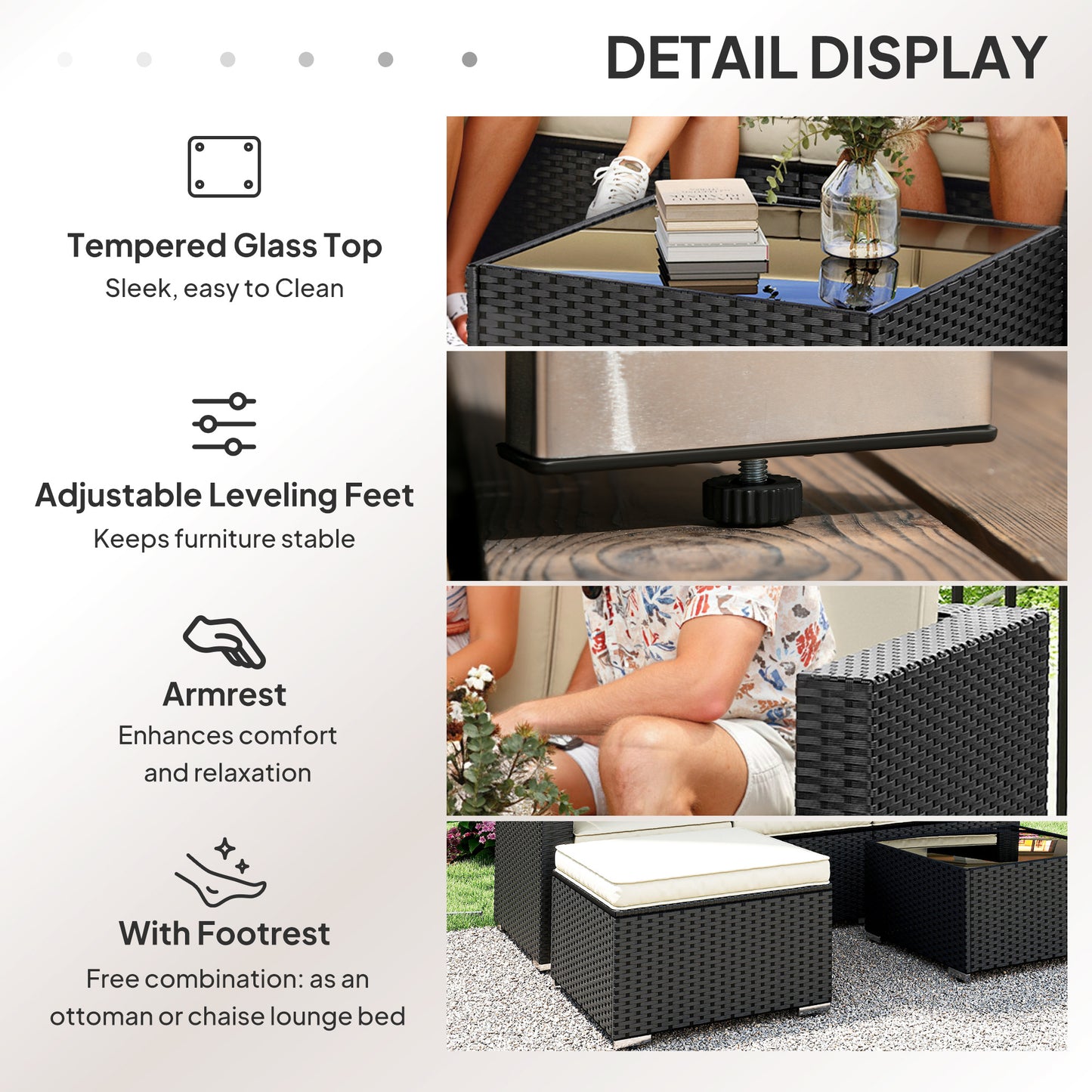 3-Piece Rattan Garden Sofa Set | 3-Seat Sofa | Ottoman | Tempered Glass Table | Zip Cushions | 360kg | Black