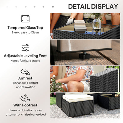 3-Piece Rattan Garden Sofa Set | 3-Seat Sofa | Ottoman | Tempered Glass Table | Zip Cushions | 360kg | Black