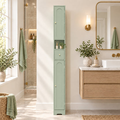 Slim Tall Bathroom Cabinet | 185H x 20W x 20D cm | 2 Arched Doors, Drawer & Adjustable Shelves | Light Green