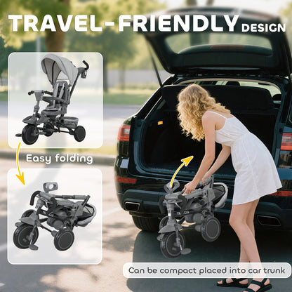 AIYAPLAY 6 in 1 Foldable Kids Trike with Adjustable Parent Handle & Canopy for Ages 1-5, Grey / Black / Pink