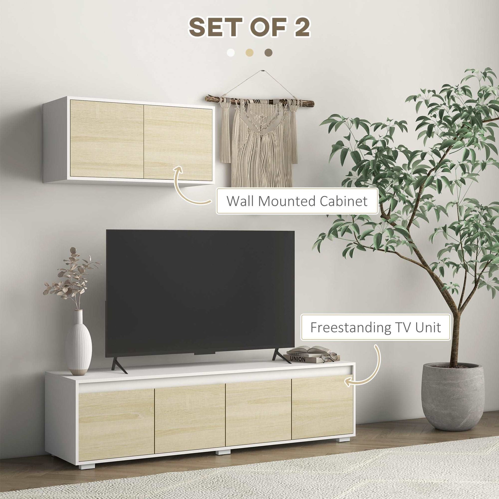 2 Pieces TV Unit Set with Wall Cabinet, Freestanding Unit for 70-inch TVs, Wall Mounted Storage Cupboard, with Adjustable shelves