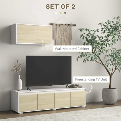 2 Pieces TV Unit Set with Wall Cabinet, Freestanding Unit for 70-inch TVs, Wall Mounted Storage Cupboard, with Adjustable shelves