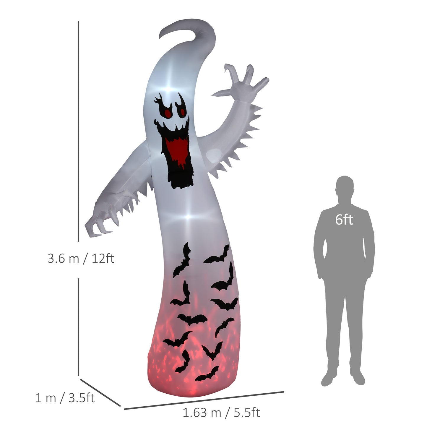 11.8FT Tall Halloween Inflatable Spooky Ghost, Blow Up Outdoor Halloween Decoration with Build-in LEDs and Rotating Light for Garden, Lawn, Party