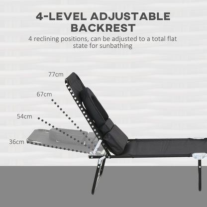 Outsunny Outdoor Foldable Sun Lounger Set of 2, 4 Level Adjustable Backrest Reclining Sun Lounger Chair with Pillow and Reading Hole, Black