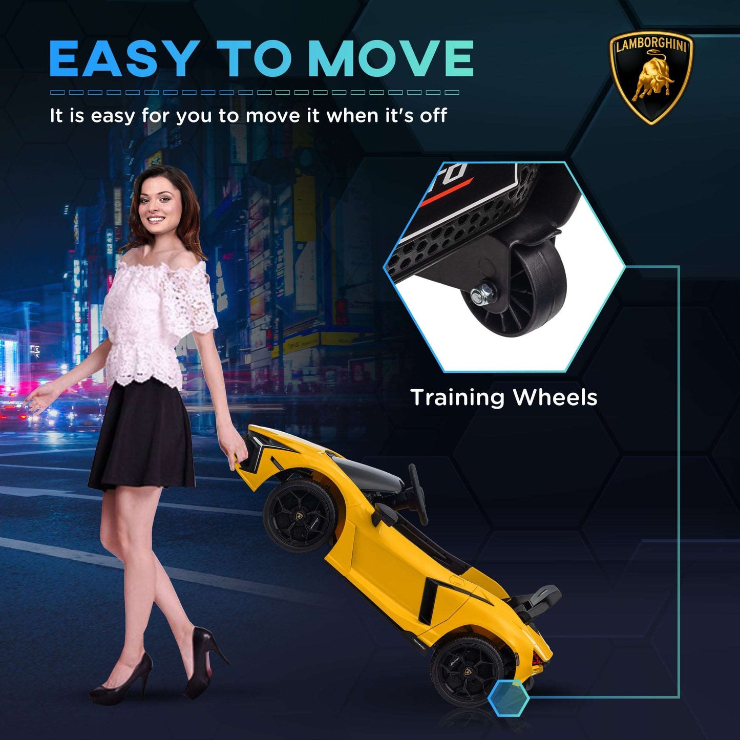 AIYAPLAY Lamborghini Revuelto Licensed 12V Ride on Car w/ Butterfly Doors Training Wheels, Suspension, Remote Control Yellow / Orange