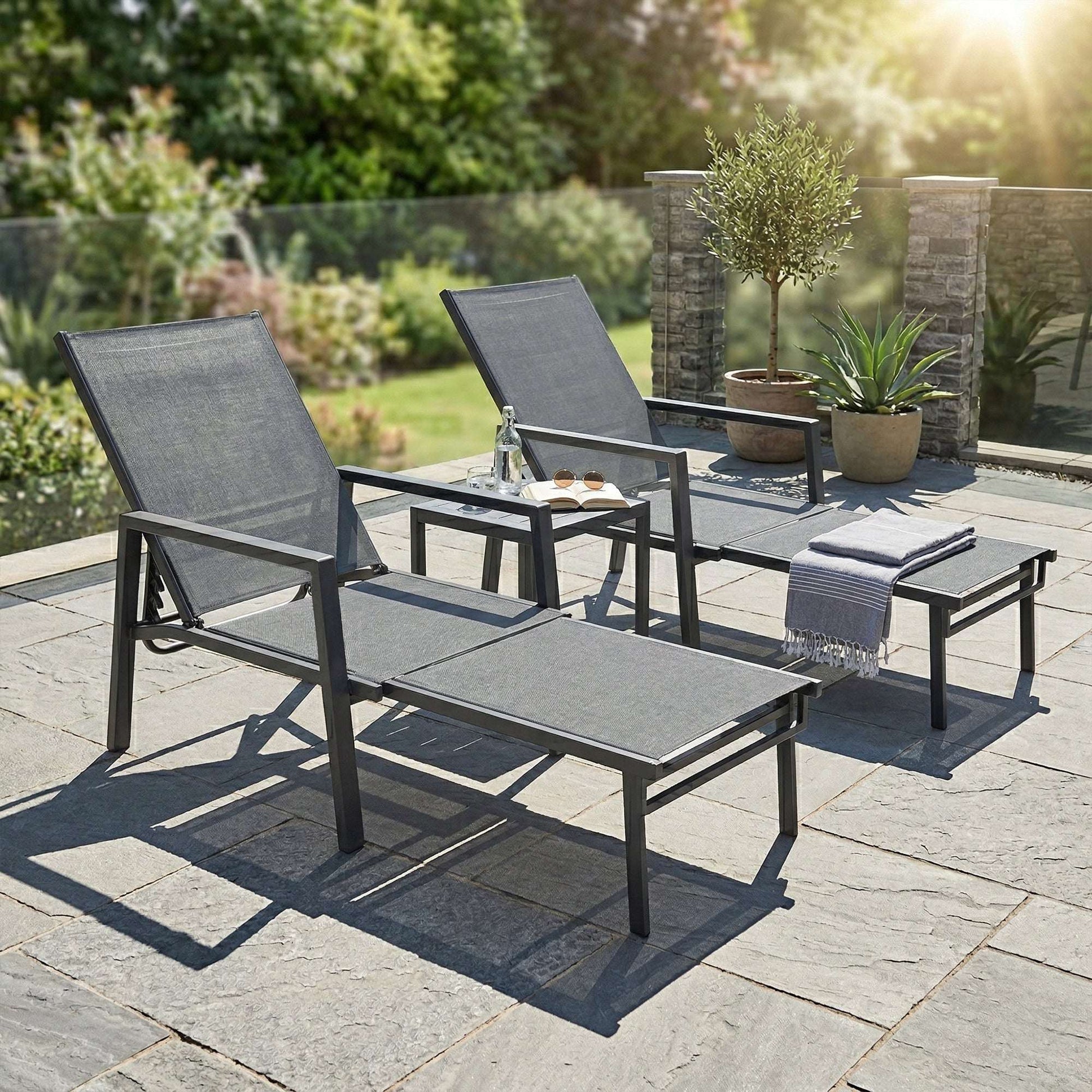 Outsunny Sun Loungers Set of 2 Retractable Footrest 5-Position Adjustable Steel Frame for Beach, Porch, Patio, Camping, Dark Grey
