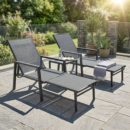 Outsunny Sun Loungers Set of 2 Retractable Footrest 5-Position Adjustable Steel Frame for Beach, Porch, Patio, Camping, Dark Grey