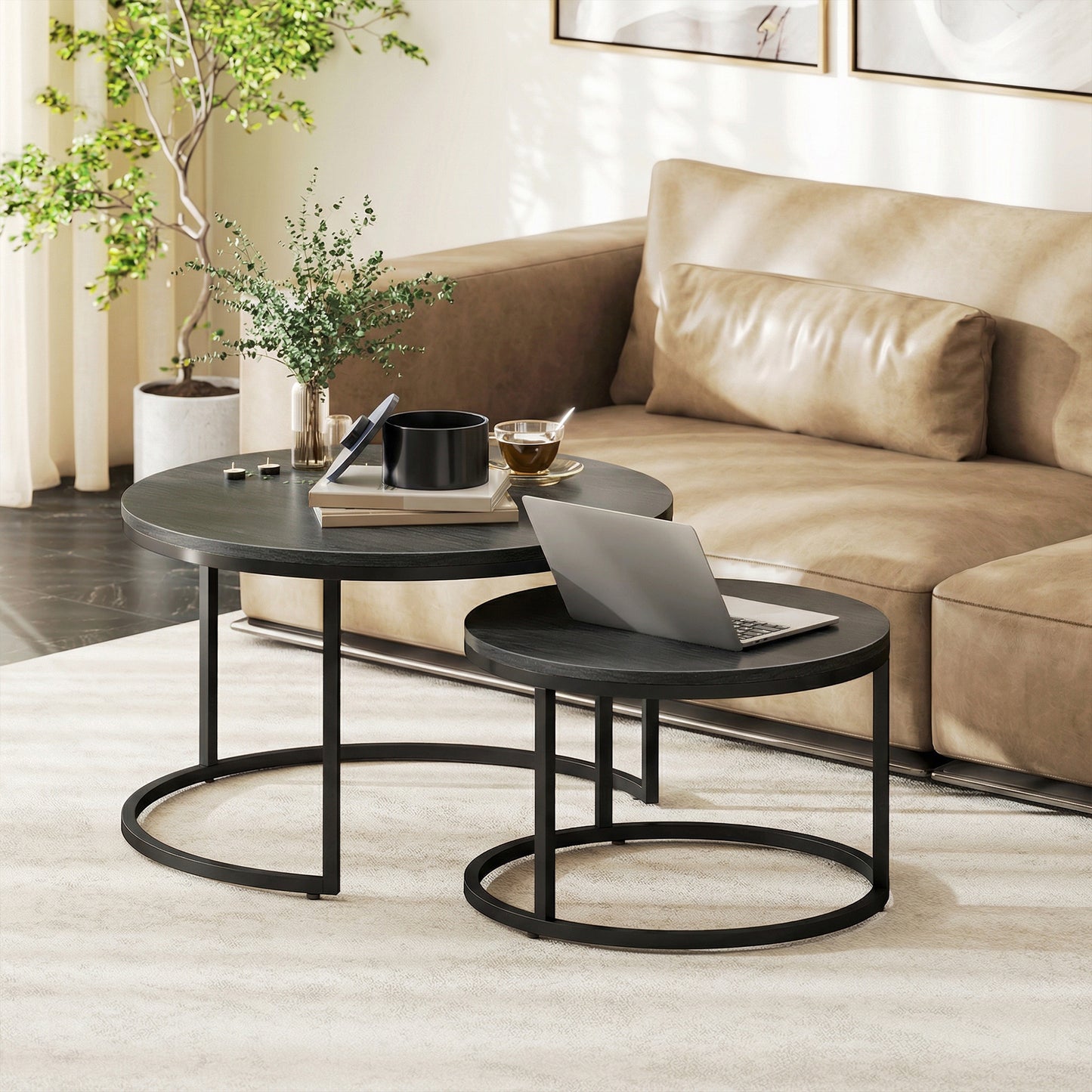 Set of 2 Round Nesting Coffee Tables | Wood-Effect MDF Top | Steel Frame | 50kg | Black Wood Grain