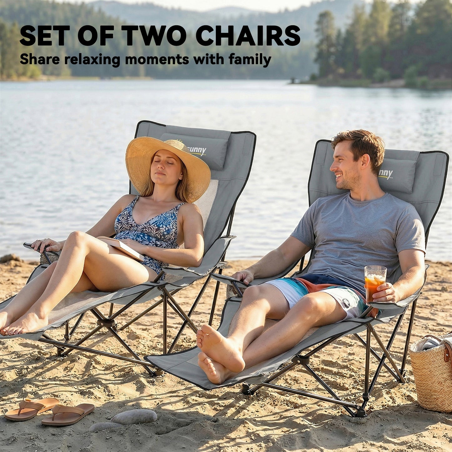 Reclining Camping Chair | Set of 2 | 4-Position Backrest | Detachable Footrest | Cup Holder | Breathable Mesh | 120kg | Grey