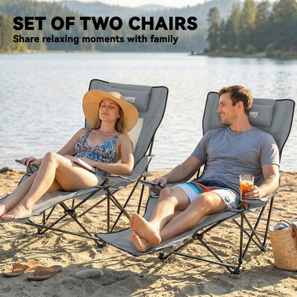 Reclining Camping Chair | Set of 2 | 4-Position Backrest | Detachable Footrest | Cup Holder | Breathable Mesh | 120kg | Grey