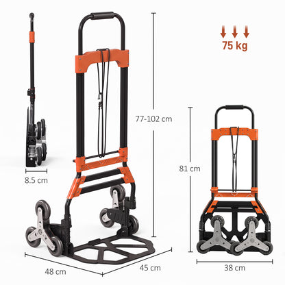 Heavy Duty Foldable Trolley on Wheels | 75kg Flat / 45kg Stairs | Tri-Wheel Stair Climbing | Telescopic Handle | Steel | Black & Orange