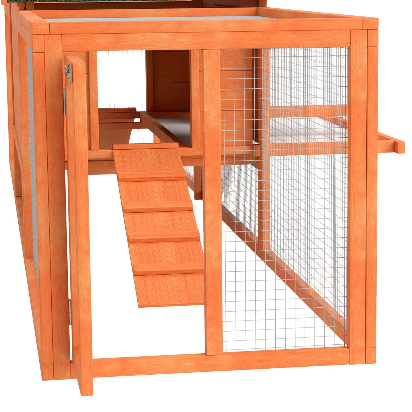PawHut Wooden Rabbit Hutch with Run, Tray, Ramps, Asphalt Roof, 309 x 70 x 87cm, Orange