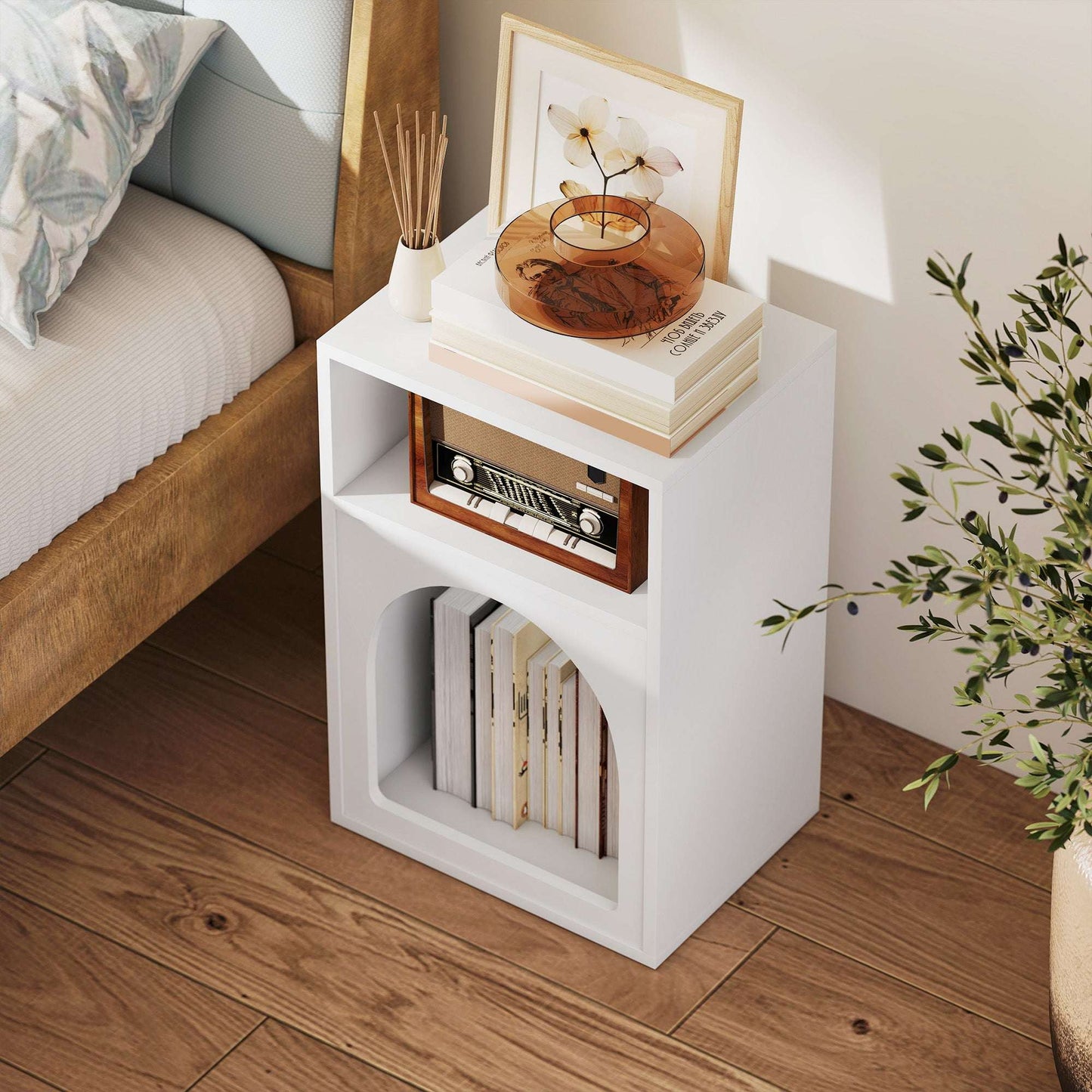 MDF Arch Bedside Table | 2 Open Compartments | Compact Design | Fits Narrow Spaces | 35kg Capacity | 40x30x60cm | White