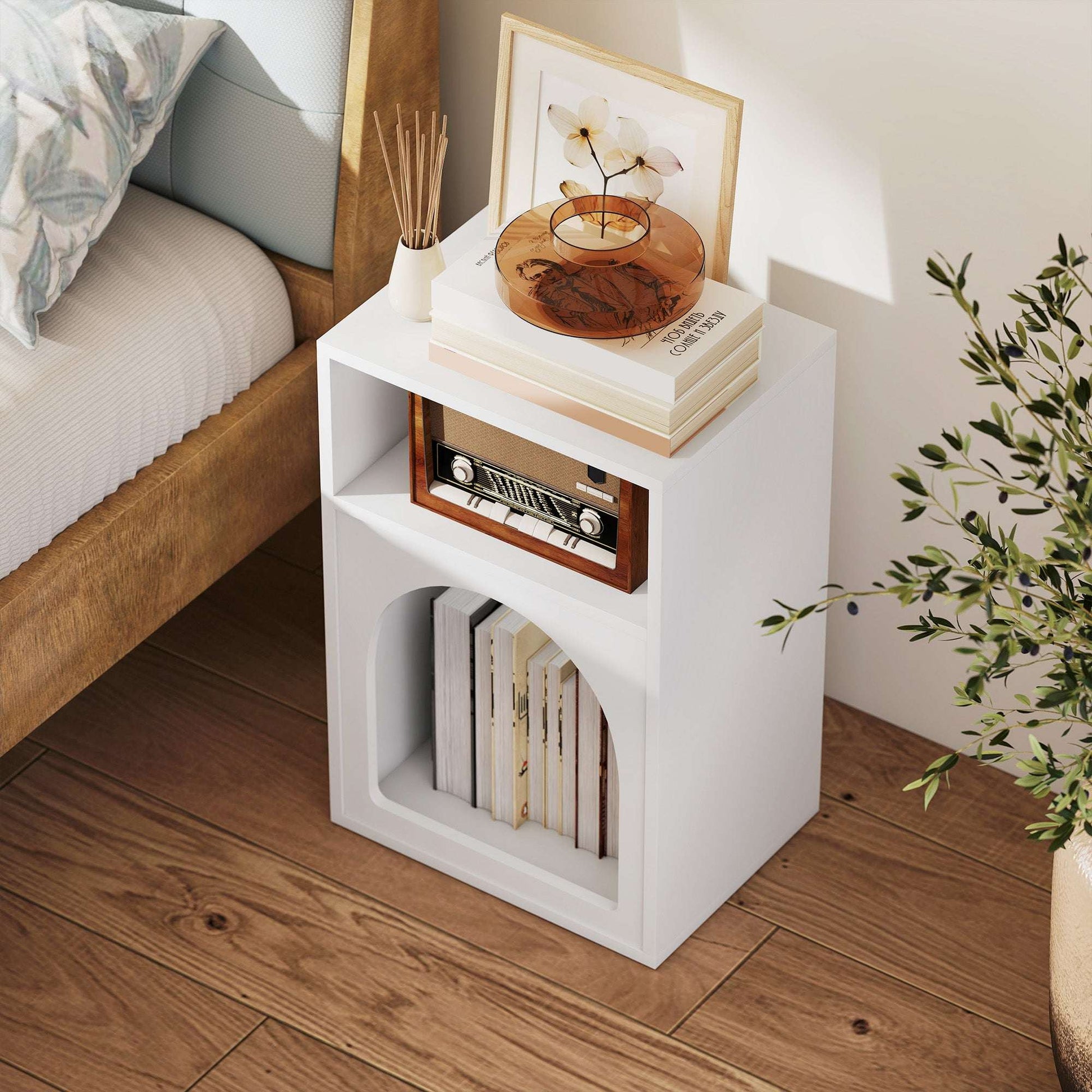 MDF Arch Bedside Table | 2 Open Compartments | Compact Design | Fits Narrow Spaces | 35kg Capacity | 40x30x60cm | White