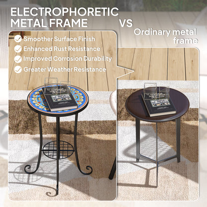 Round Mosaic Garden Bistro Side Table | Dia 35.5x54.5cm | Ceramic Tile Top | Lower Shelf | Electrophoretic Metal Frame | 30kg | Blue