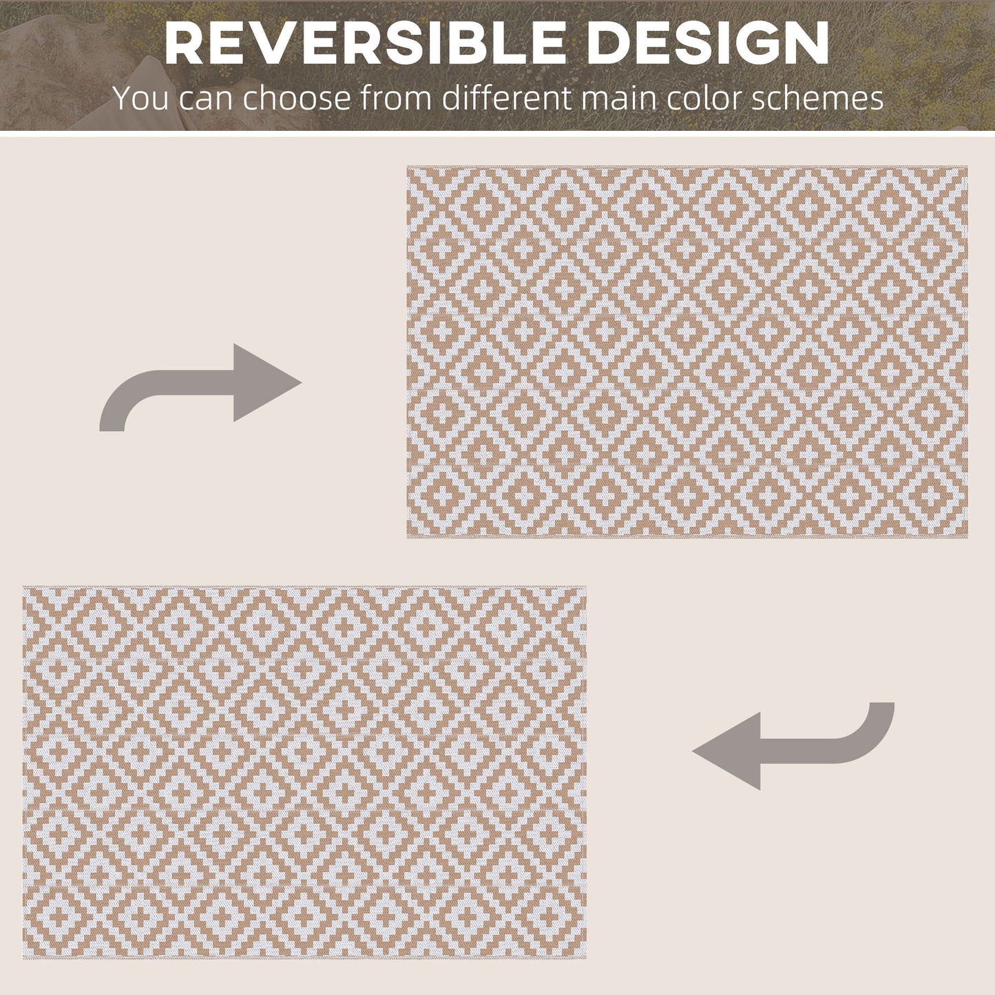 Reversible Outdoor Rug | Waterproof | UV-Resistant Polypropylene 310g | Reinforced Edges | Foldable | 274x182cm | Coffee & White | Patio Garden Camping Beach RV Campervan