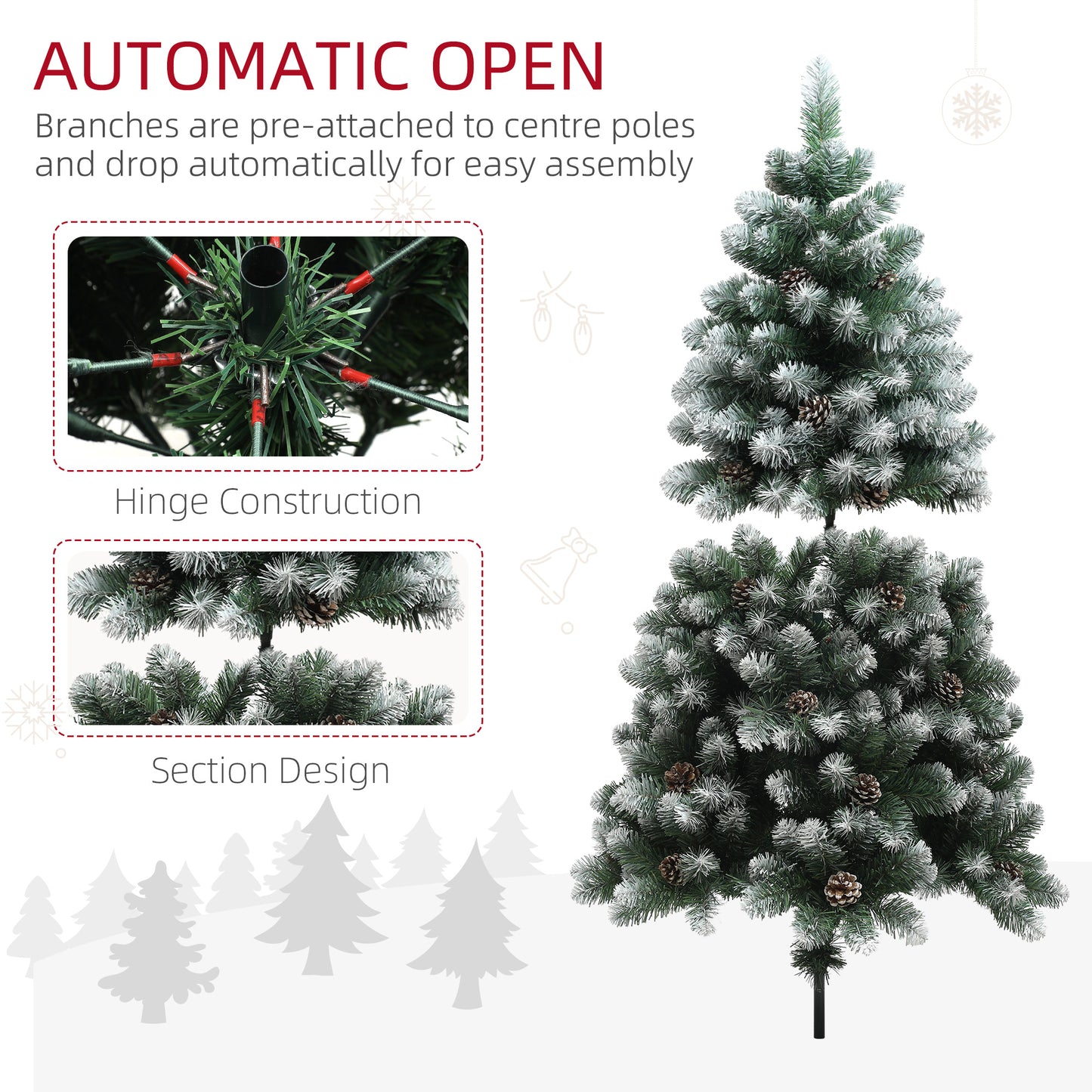 5ft Artificial Pine Christmas Tree with 489 Branch Tips and Steel Base, Realistic Hinged Tree with Pinecones, Holiday Décor for Home Office, Green