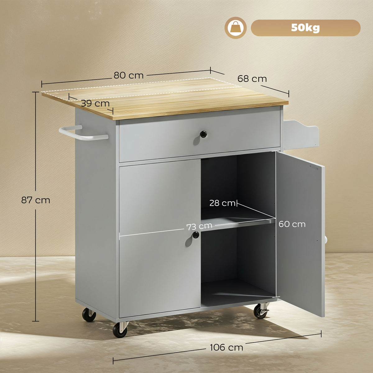 Kitchen Island Trolley with Drop-Leaf | Drawer | Cabinet & 3-Level Shelf | Spice Rack | Towel Rack | 4 Wheels 2 Brakes | Melamine Top | 50kg Total | 106x42x87cm | Grey / Black