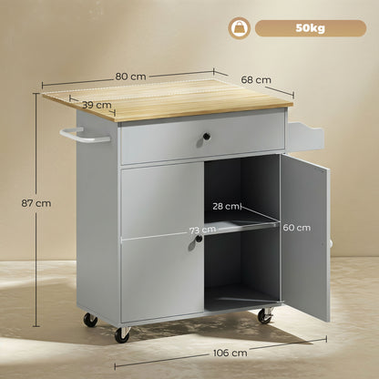 Kitchen Island Trolley with Drop-Leaf | Drawer | Cabinet & 3-Level Shelf | Spice Rack | Towel Rack | 4 Wheels 2 Brakes | Melamine Top | 50kg Total | 106x42x87cm | Grey / Black