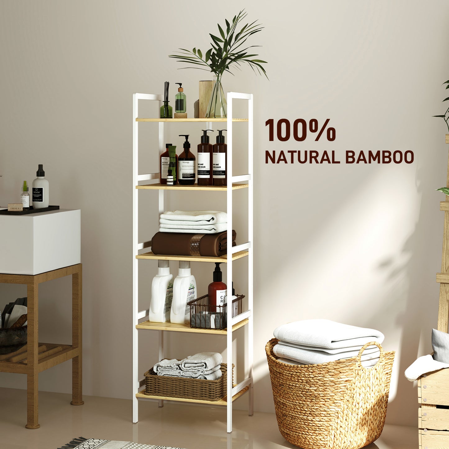 Five-Tier Bamboo Adjustable Shelf Storage Unit