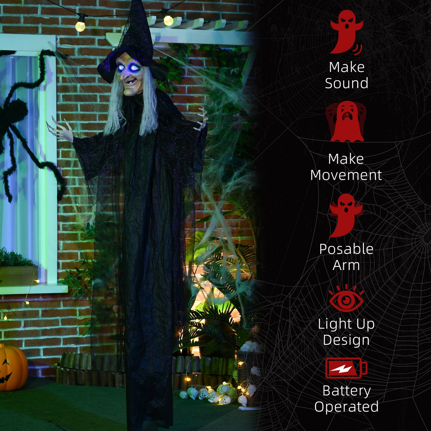 6ft Outdoor Halloween Decoration Witch, Standing Witch Prop Life Size with Sound and Motion Activated, Light Up Eyes, Talking Sound, Posable Arms
