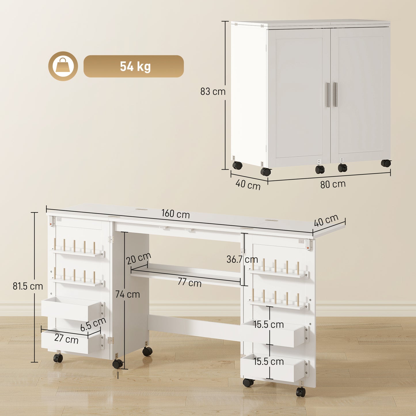 Folding Sewing & Craft Table | 20 Spool Pegs | 4 Storage Bins | Machine Shelf | 6 Wheels (4 Lockable) | 54kg | White