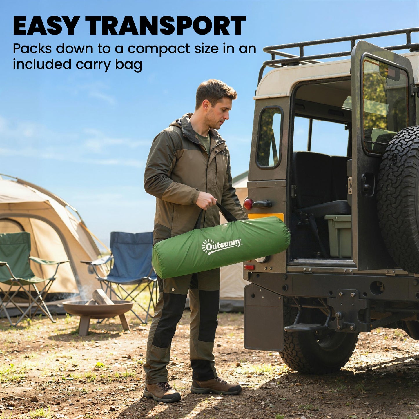 Camping Windbreaker with Clear Windows | 725x140cm | Steel Poles | 15 Stakes & 10 Guy Ropes | Beach & Caravan | Army Green