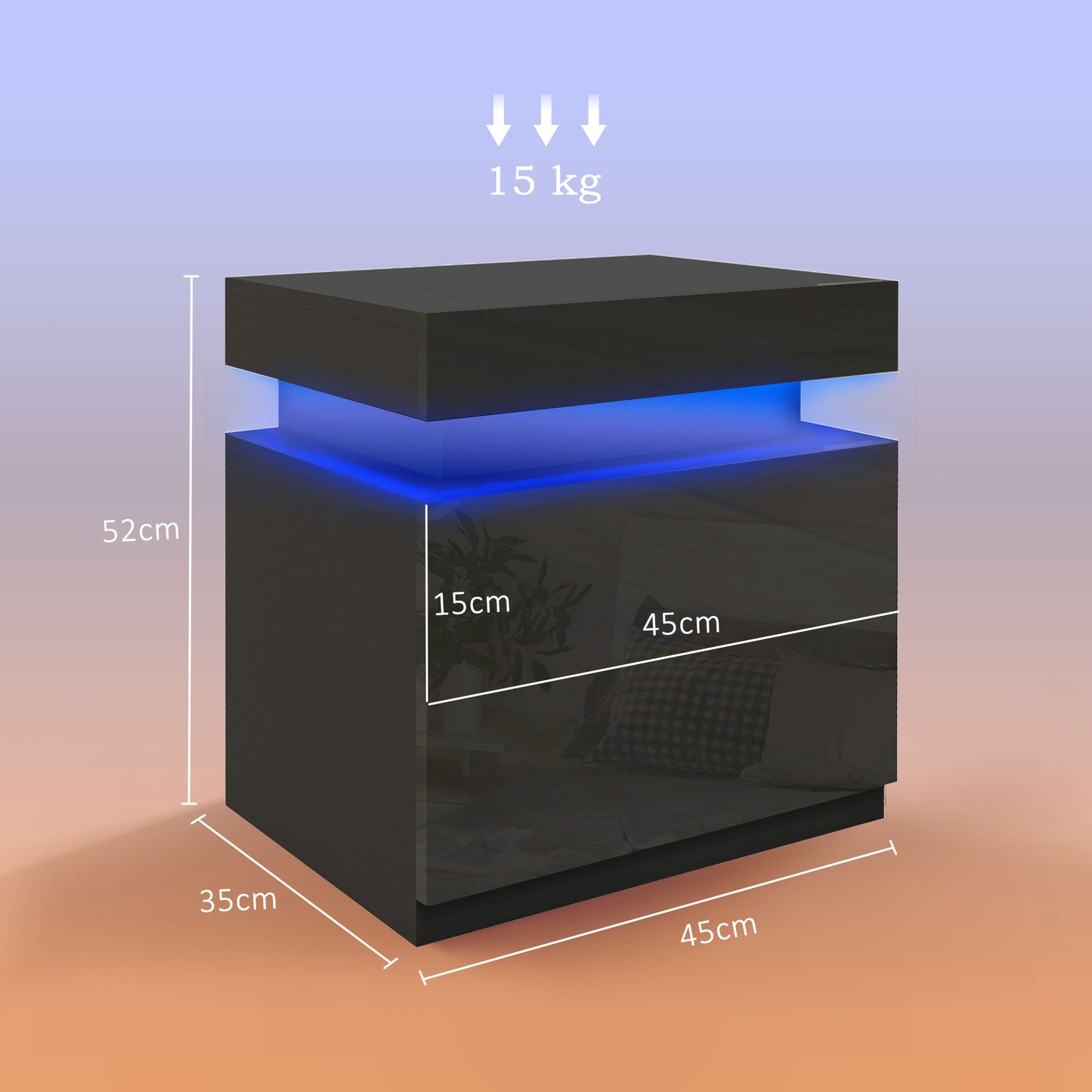 Set of 2 High Gloss Bedside Tables | RGB LED Light | 2 Drawers | Black