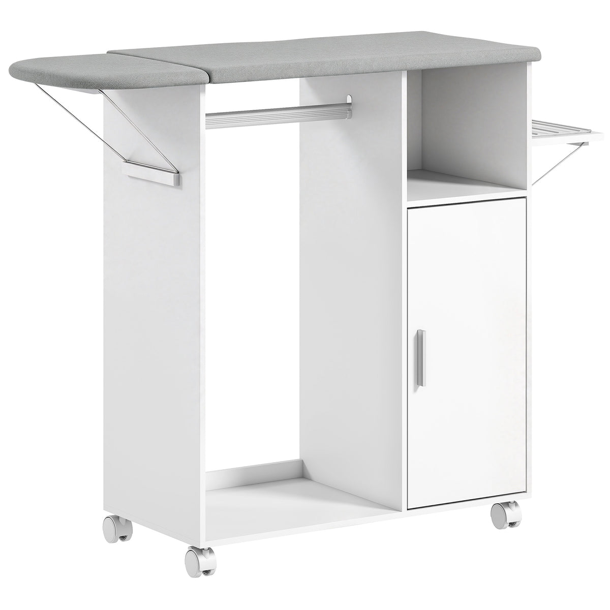 Rolling Ironing Board Cabinet | Folding Top, Clothes Rail & Adjustable Storage Shelf | Iron Holder, 4 Wheels & 2 Brakes | White/Grey