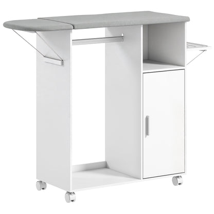 Rolling Ironing Board Cabinet | Folding Top, Clothes Rail & Adjustable Storage Shelf | Iron Holder, 4 Wheels & 2 Brakes | White/Grey