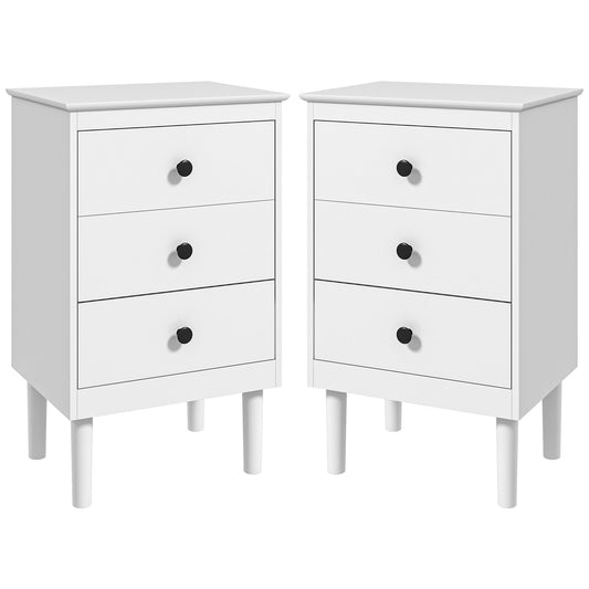 Bedside Table Set of 2, Modern Sofa Side Table with 3 Drawers, Nightstand for Bedroom, 40x30x64cm, White