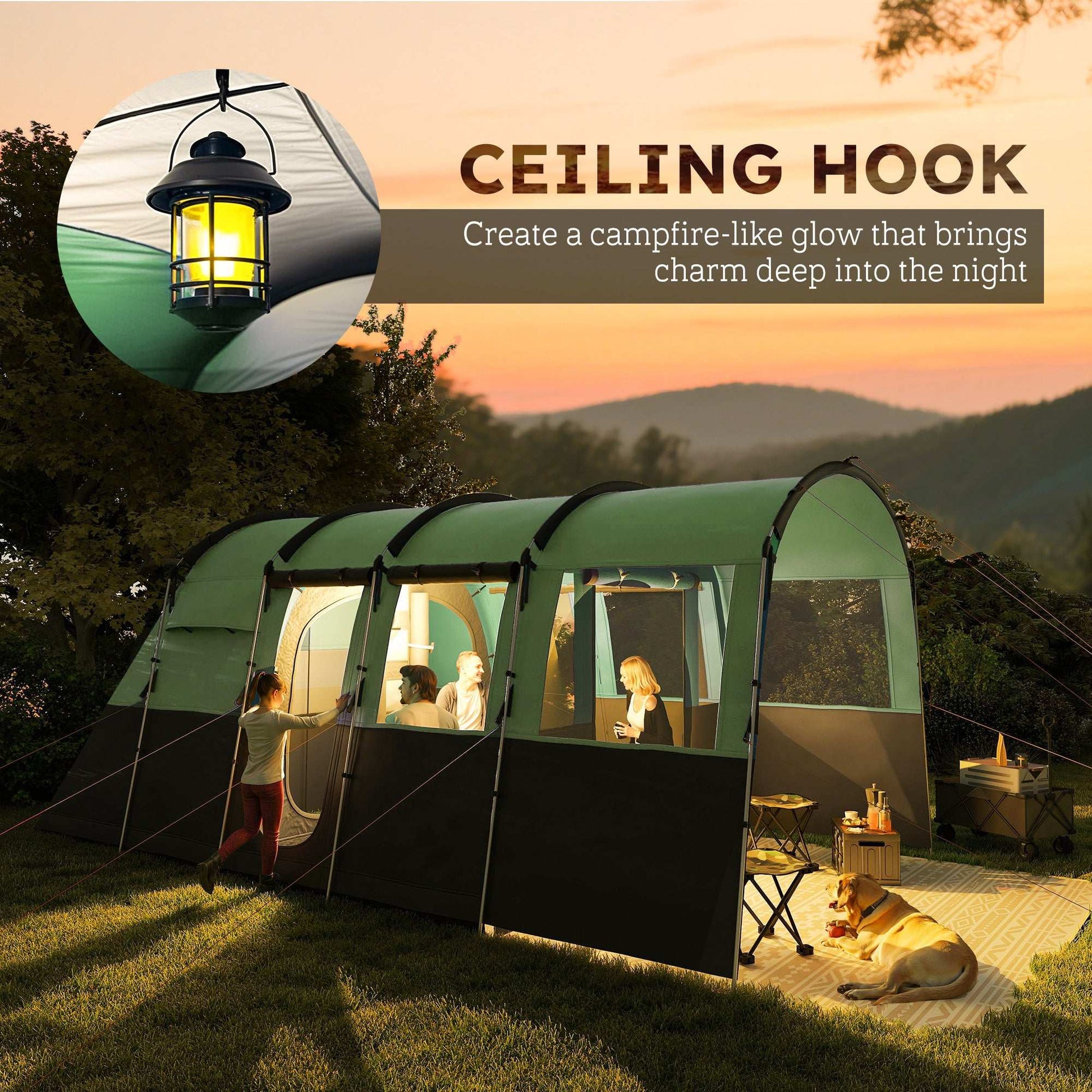 8-Person Camping Tent, Waterproof Family Tent, Tunnel Design, 4 Large Windows, Sleeping Cabins 3000mm Water Column Green - Blue