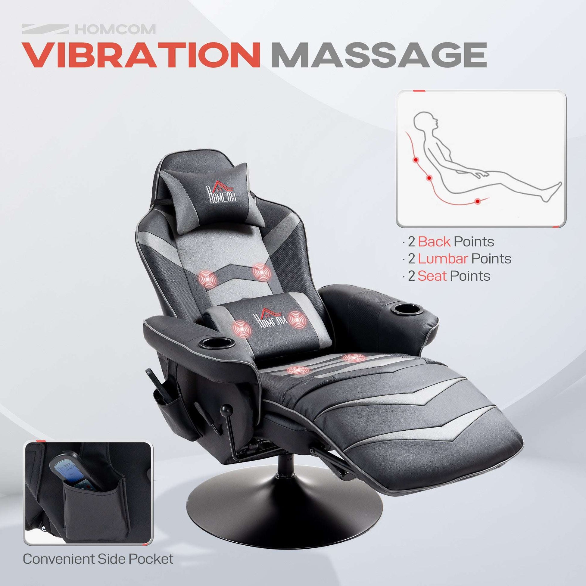 Massage Recliner Chair with Remote, PU Leather Recliner Armchair with Cup Holders and Side Pockets, Racing Style Reclining Chair - Grey