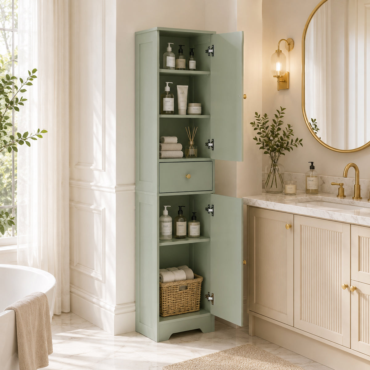Tall Slim Bathroom Cabinet | Light Green | Particleboard MDF | 40x29.5x170cm | 2 Cupboards Drawer | Adjustable Shelf | Arched Doors Gold Knobs | Melamine | Anti-Tip Kit | 75kg