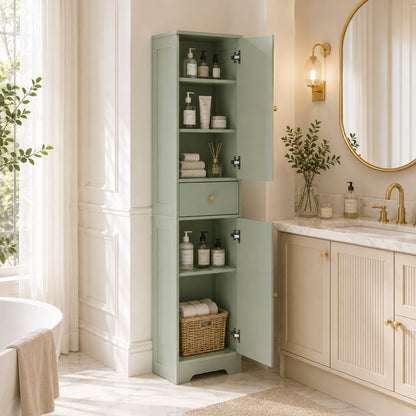 Tall Slim Bathroom Cabinet | Light Green | Particleboard MDF | 40x29.5x170cm | 2 Cupboards Drawer | Adjustable Shelf | Arched Doors Gold Knobs | Melamine | Anti-Tip Kit | 75kg