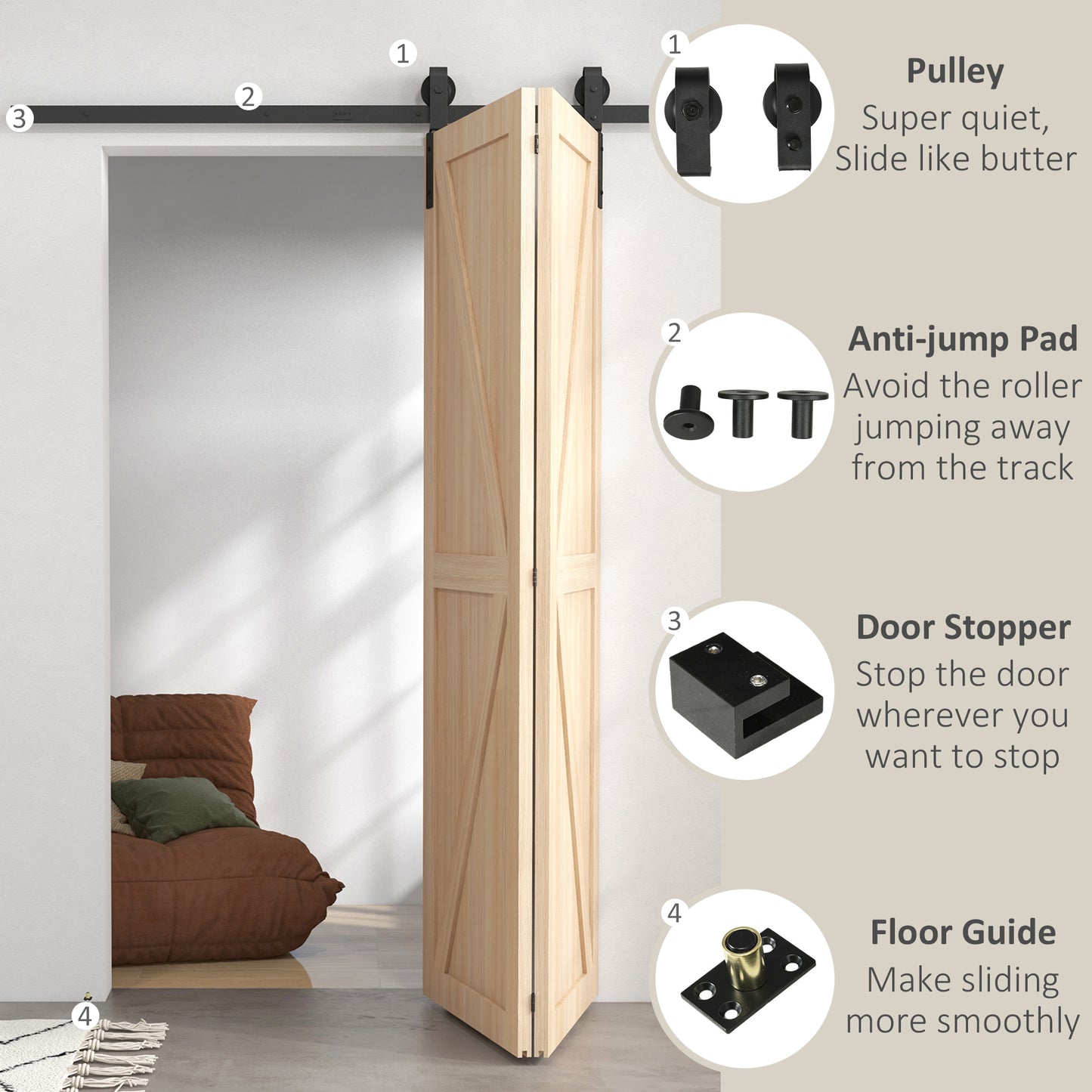 5FT/152.5CM Bi-Folding Sliding Barn Door Hardware Track Kit, Heavy Duty Sliding Door Kit for 2 Doors with J Shape Hanger