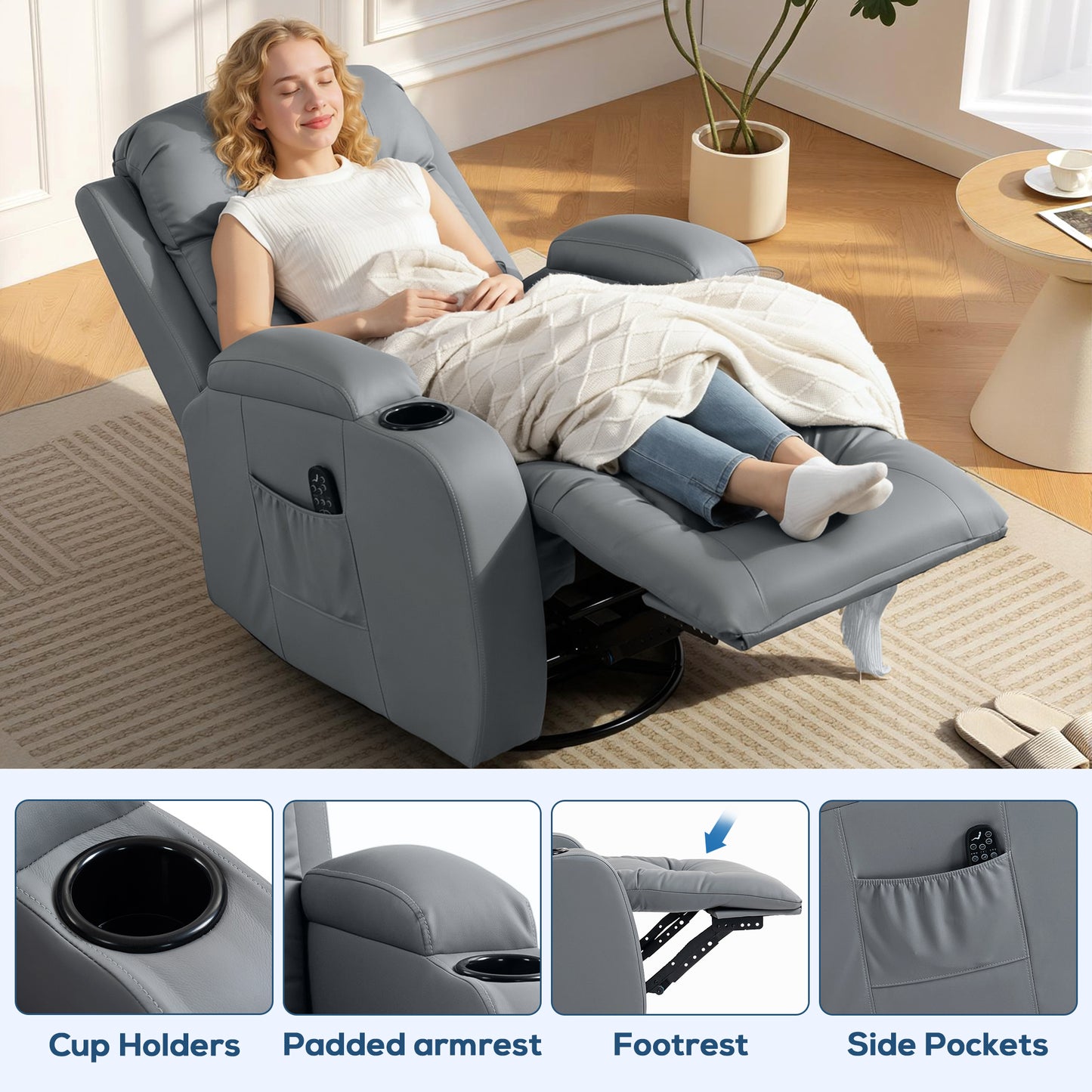 Massage Recliner Armchair, PU Leather Recliner Chair, Grey