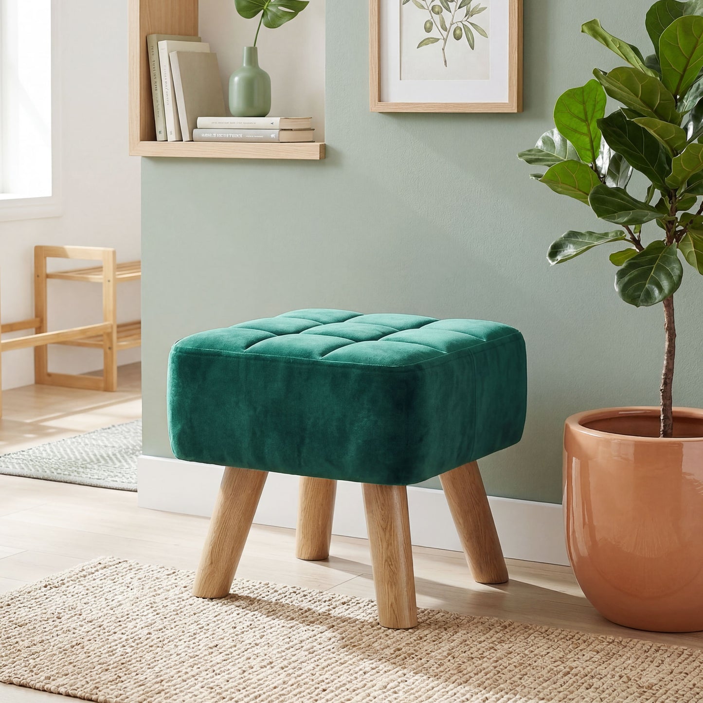 Square Padded Footstool Ottoman Pouffe | Tufted Velvet | Dark Green