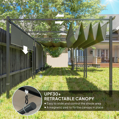 3 x 4m Metal Pergola with Retractable Roof and Roller Shade, Wall-Mounted or Free Standing Garden Gazebo Canopy Kit, Sun Shade Shelter, Grey