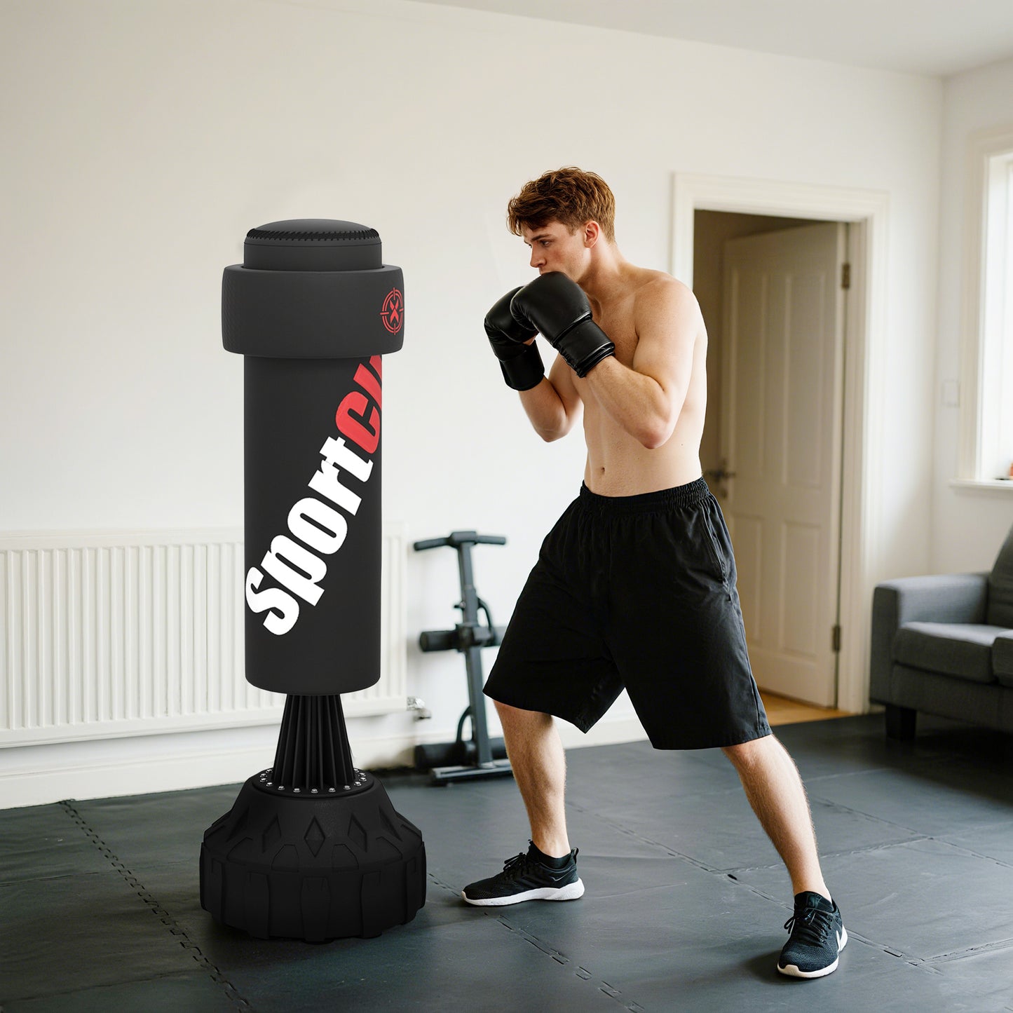 Freestanding Punching Bag with Adjustable Strike Pad | Fillable Base | Height 65–175cm | Boxing Wraps Included | Black
