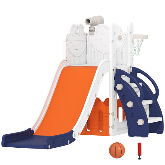 5-in-1 Kids Slide Set with Basketball Hoop, Climbing Frame, Telescope & Storage Box – Anti-Slip Steps, HDPE, Ages 1–3 – Orange