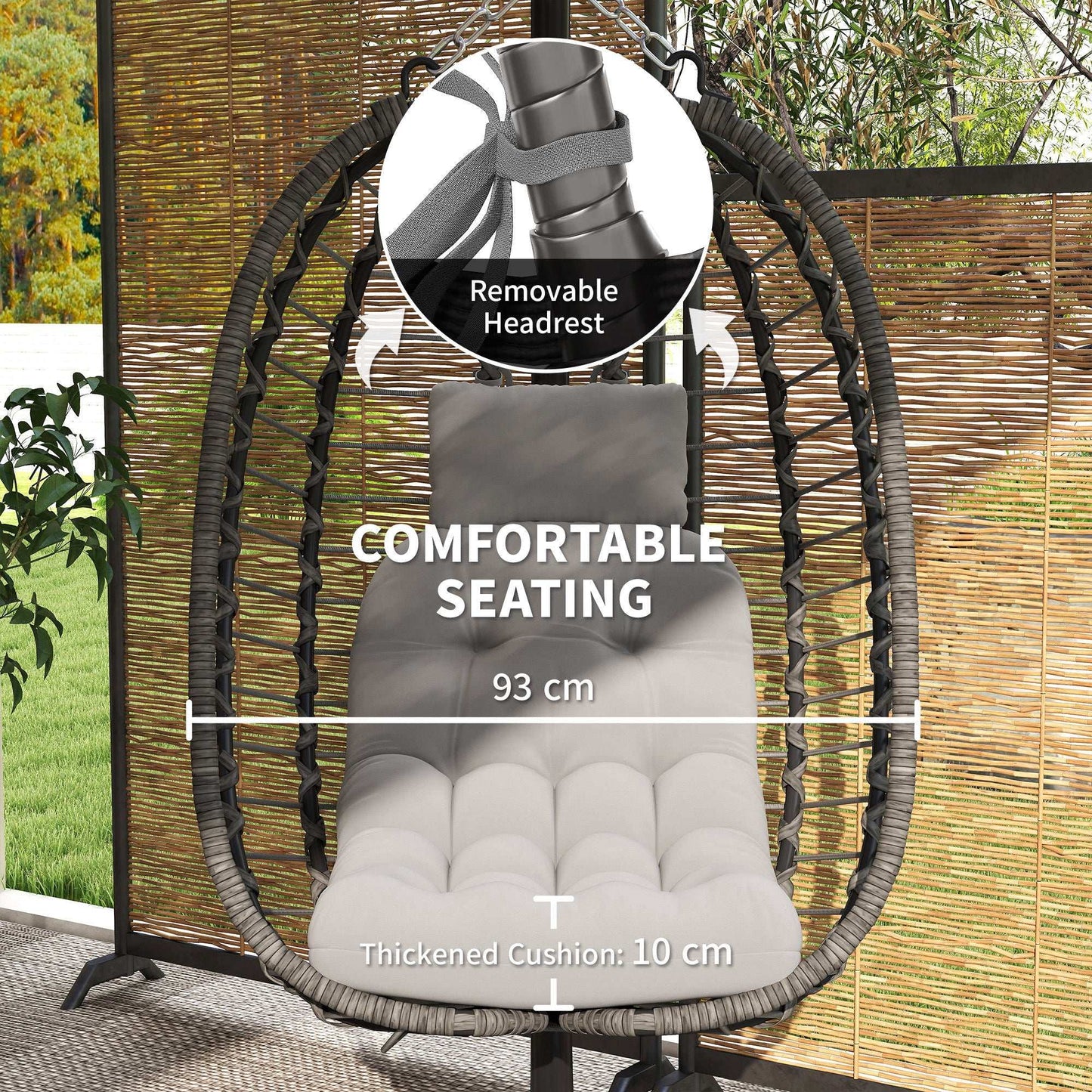 Rattan Hanging Egg Chair, Foldable Wicker Hammock Swing Chair with Cushion, Stand, Adjustable Height, Head Pillow, Steel Frame for Garden